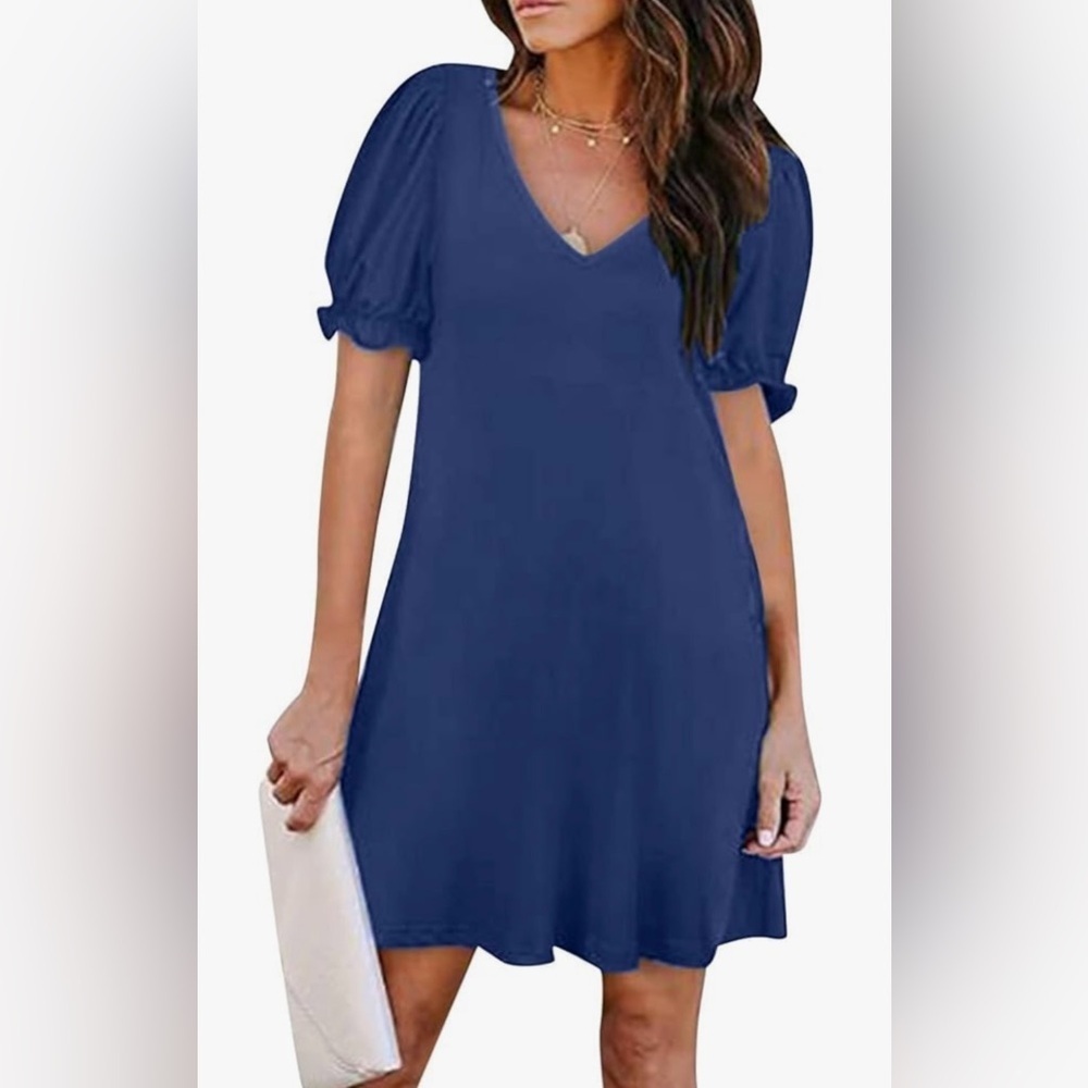 V-Neck Puff Sleeve Mini Dress - Navy